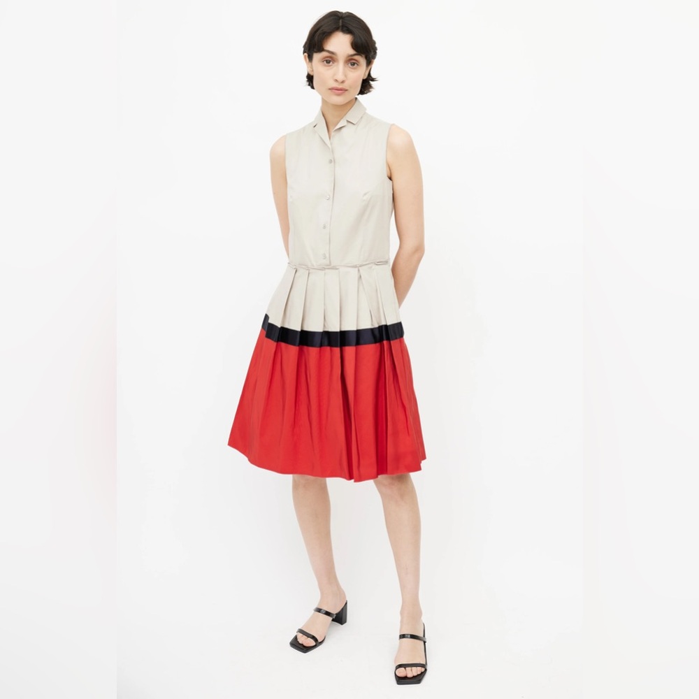 Jil Sander, Beige & Red Pleated Shirt Dress, size 36, V Good condition